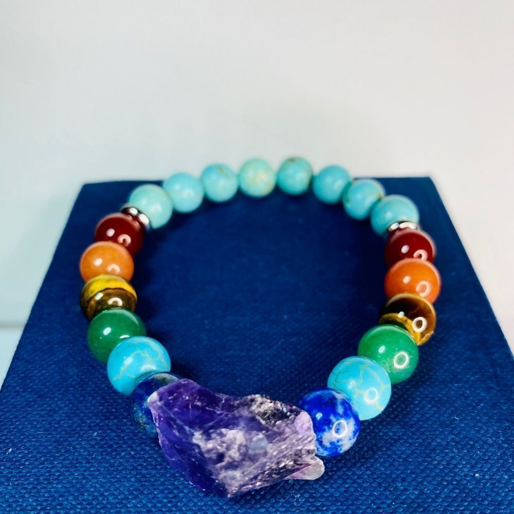 Blue Turquoise Amethyst Chunk Chakra Bracelet